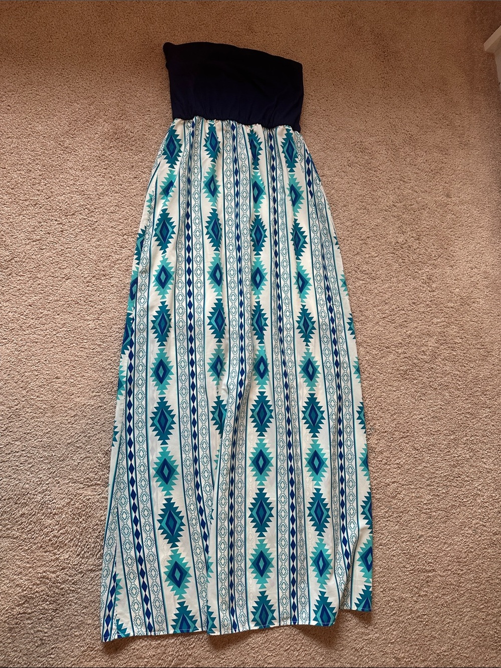 Francesca's Collection Navy Strapless Maxi Dress with Teal Aztec Print Skirt
